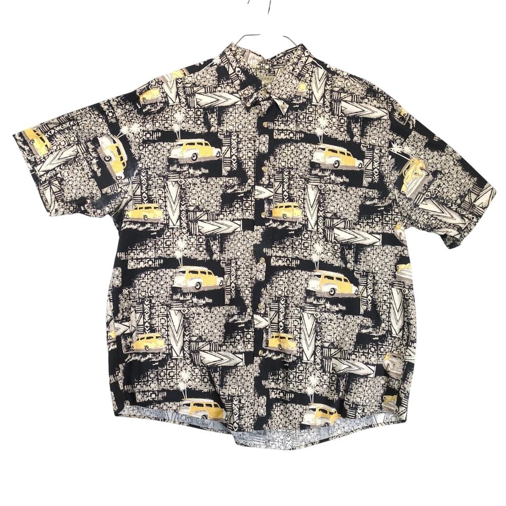 Vtg Natural Issue Hawaiian Shirt Men's XL Button‎ Down Black Cotton Woody Surfer